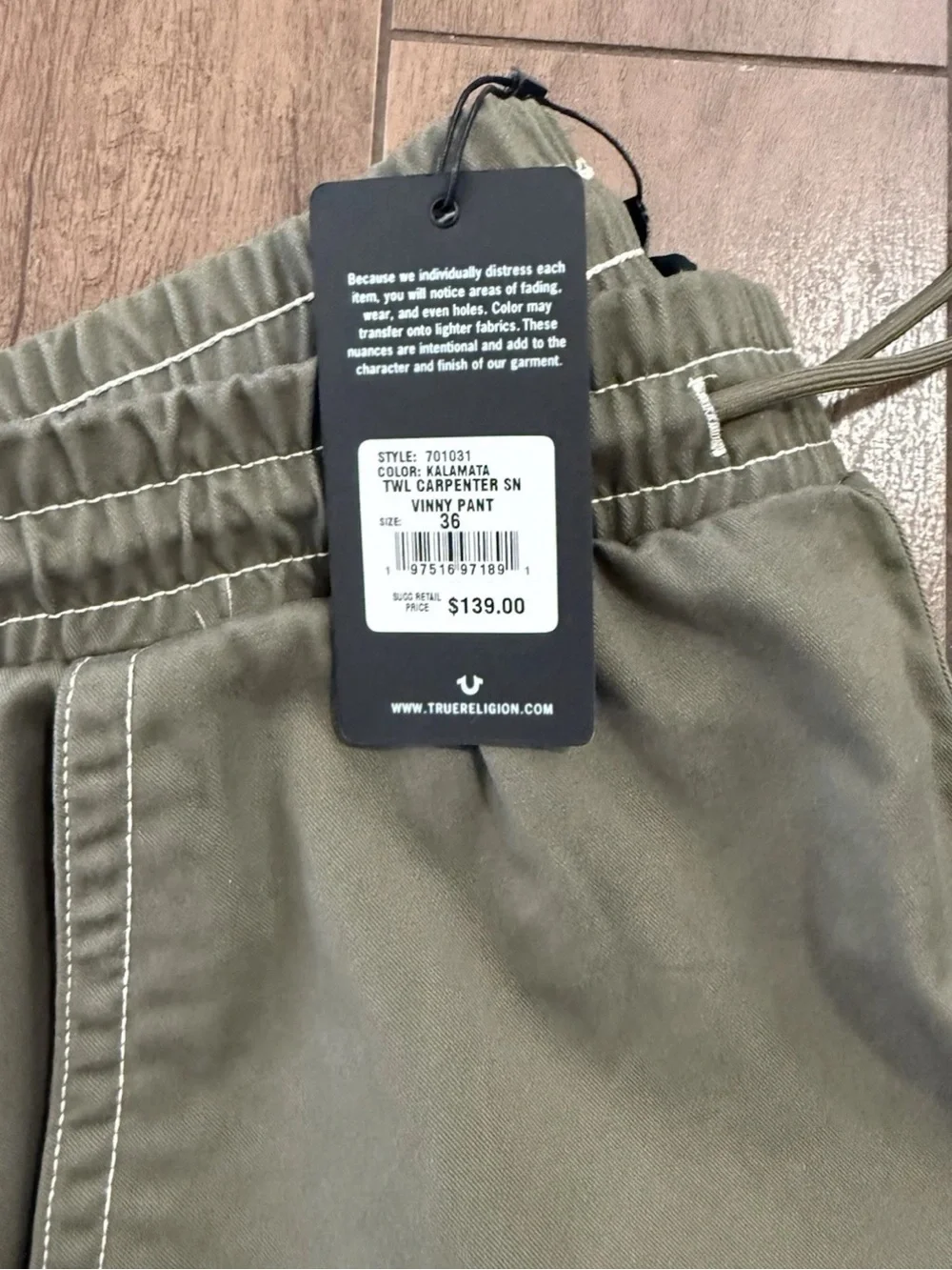 True Religion Twill Carpenter SN Vinny Pant Kalamata Olive 701031 Sz 36X32
